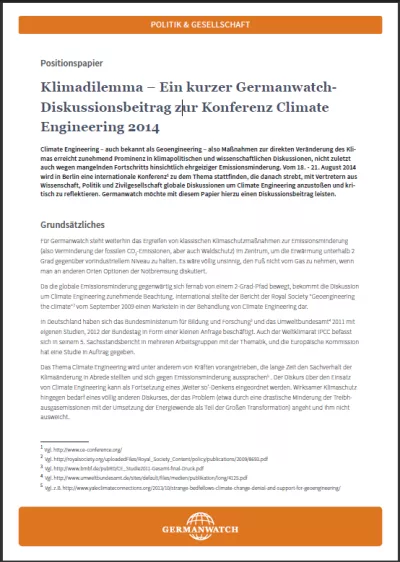 Cover Klimadilemma, Positionspapier zu Climate Engineering