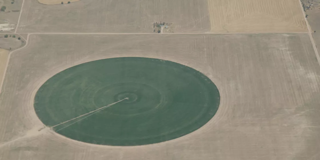 Aerial views of drought affected Colorado dryland crops near Byers, Colorado, on Saturday, July 21, 2012. Green areas are irrigated.