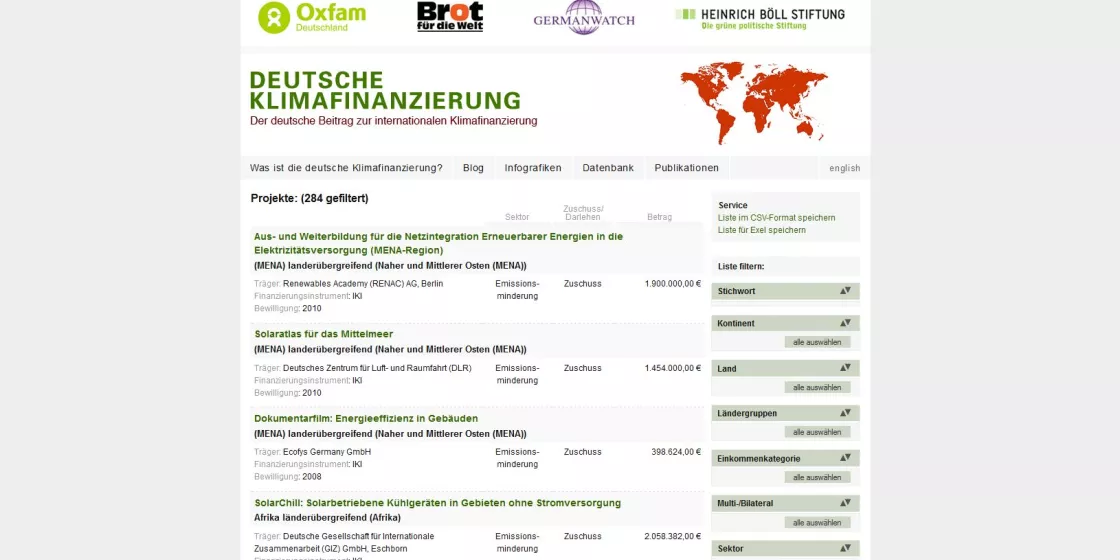 Screenshot Datenbank Deutsche Klimafinanzierung