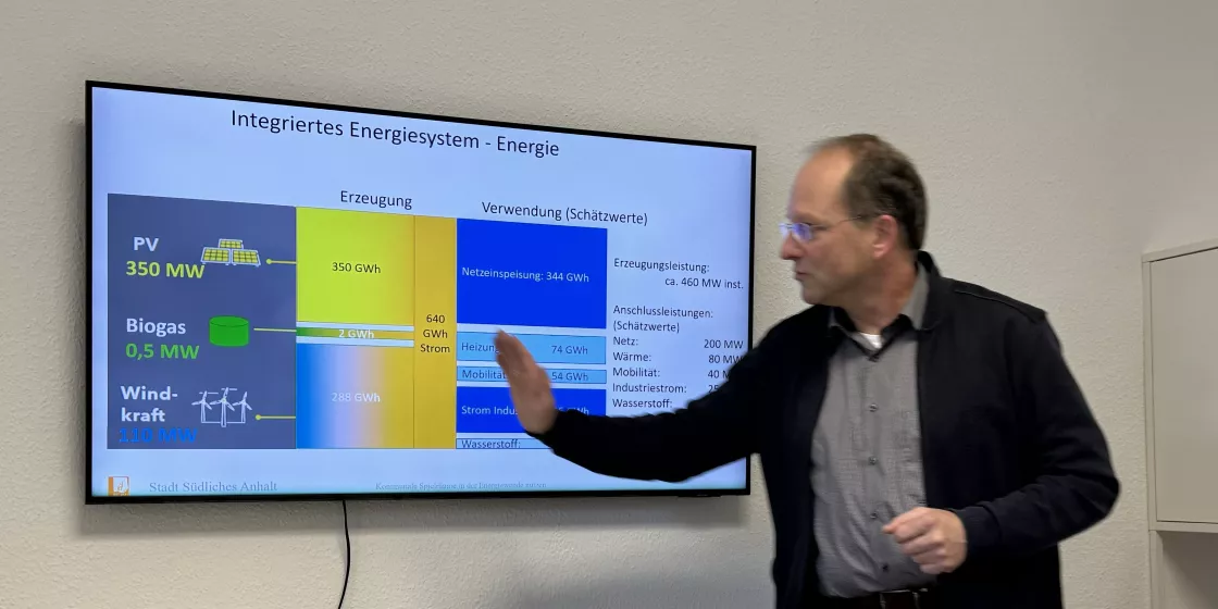 Thorsten Breitschuh steht vor einem Bildschirm und erklärt die Energiewende im Südlichen Anhalt