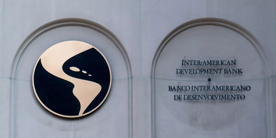 Sign in front of the Inter-American Development Bank, BID, in Washington.