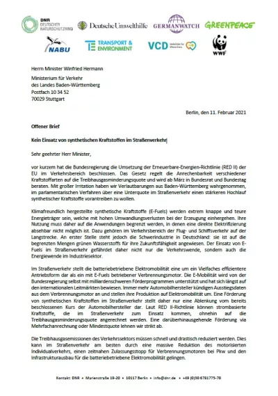 Offener Brief an Minister Winfried Hermann: Kein Einsatz von synthetischen Kraftstoffen im Straßenverkehr