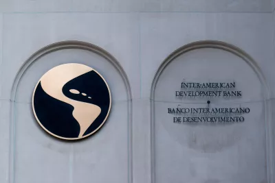 Sign in front of the Inter-American Development Bank, BID, in Washington.