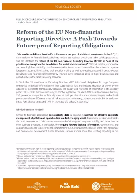 Cover: Reform of the EU Non-financial Reporting Directive: A Push Towards Future-proof Reporting Obligations