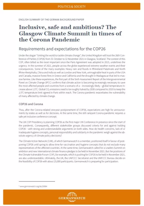 Inclusive, safe and ambitious? The Glasgow Climate Summit in times of the Corona Pandemic