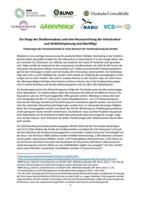 Titelseite Forderungspapier zur Verkehrsplanung