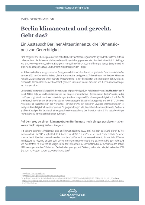 Titelseite Publikation "Berlin klimaneutral und gerecht"