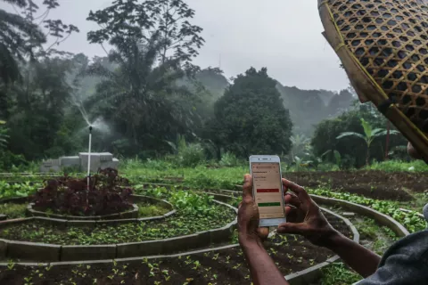 Ein Mann in Indonesien steuert eine Bewässrungsanlage mit seinem Smartphone