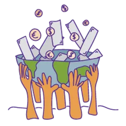 Illustration mit Händen, die eine Weltkugel halten, die mit Geld gefüllt ist.