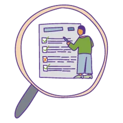 Illustration mit einer Lupe und einer Person, die eine Liste abhakt