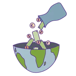 Illustartion von einem Beutel der Geld auf einer halben Weltkugel verteilt.