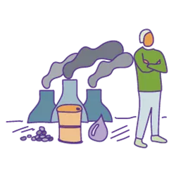 Illustration von einer Person, die sich sich von Schornsteinen und Ölfässern abwendet.