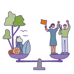 Illustration einer Wage: links sind Bäume und rechts stehen zwei Personen.