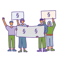 Illustration von Personen, die Plakate mit Paragraphenzeichen hochhalten.