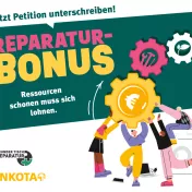 Illustration von vier Personen, die Zahnräder hoch halten. Ein Schriftzug daneben verkündet "Reparatur-Bonus: Jetzt Petition unterschreiben!"